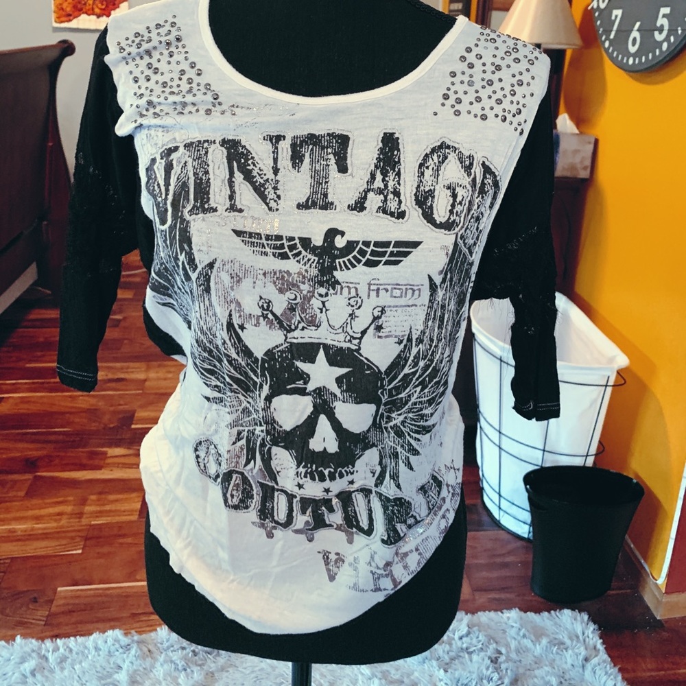 white and black lace shirt